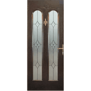 San Marco dark woodgrain uPVC door with twin arched leaded glass panels and brass hardware