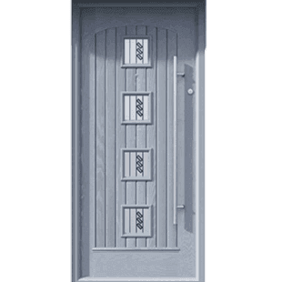 Grey composite door in Belfast style, featuring four decorative glazed panels arranged vertically with a bar handle.
