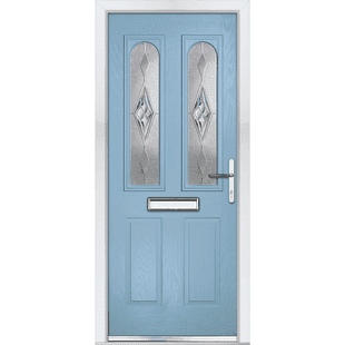 Duck egg blue composite door in Cambridge style with twin arched glazed panels and lower raised mouldings
