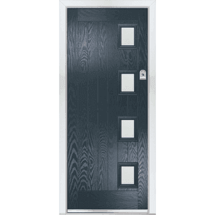 Anthracite grey composite door in Cottage Four style, featuring four small glazed panels arranged vertically offset.