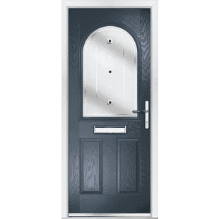 Anthracite grey composite door in Devon style with arched glazing panel and two lower raised panels